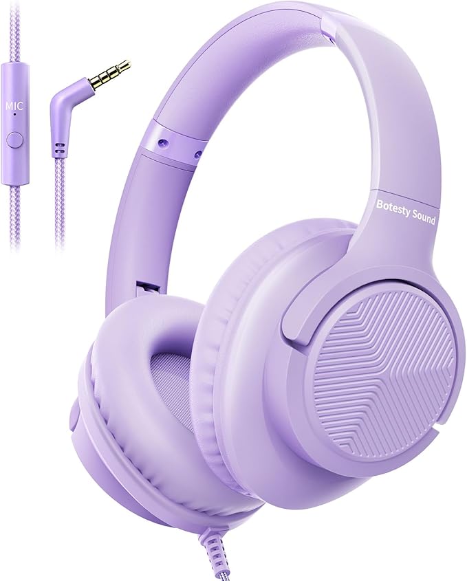 Botesty Sound Headphones Wired with Microphone, Over Ear Foldable 3.5mm Plug in Headphones with 4.9ft Tangle-Free Nylon Cord for Tablet, Laptop, MP3/4, School, Airplane Travel (Purple)