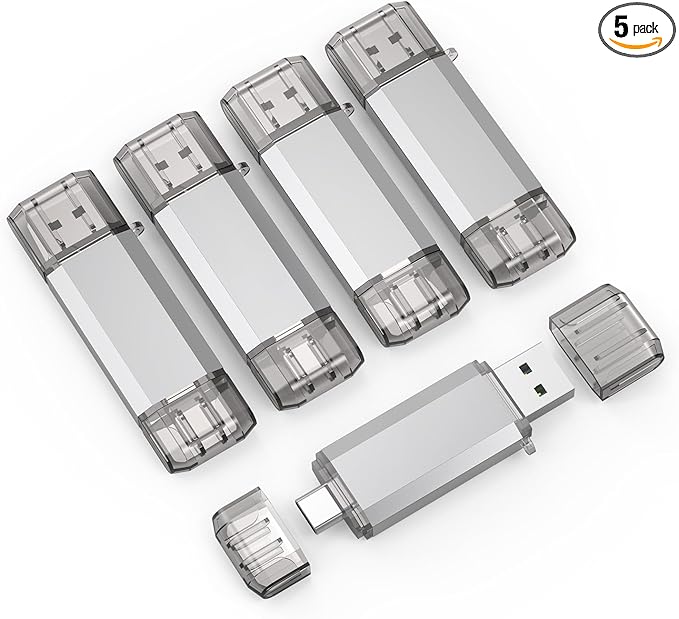 RAOYI 5 Pack 64GB USB C Flash Drive, 2 in 1 USB 3.0 Type C Dual OTG Metal Thumb Drive Jump Drive Memory Stick with Keychain Suitable for USB-C Smartphones, MacBook, Computers and Tablets (Silver)