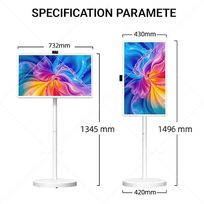 Smart Screen Portable TV On Wheels, 4K Touch Screen Monitor with Android 12 OS, Full Swivel Rotation, Wireless Mirroring, Dual Speakers & FHD IPS Large Display for Versatile Use 24-8/128