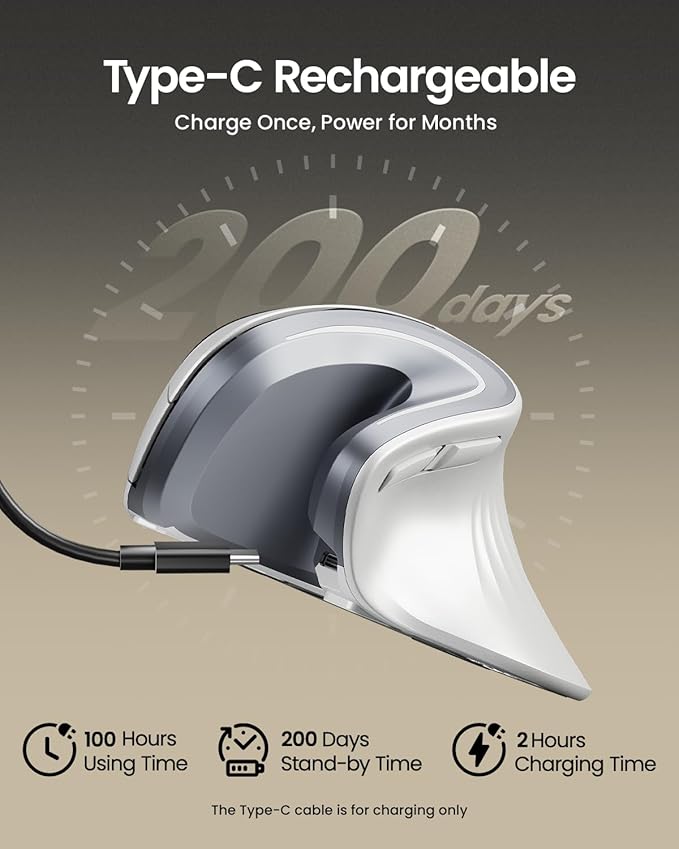 ProtoArc Ergonomic Mouse, EM11 NL Bluetooth Rechargeable Wireless Vertical Mouse, 3 Multi-Device Connectivity for Computer/PC/Laptop, 2.4GHz USB-A Optical Mice for Windows, Mac OS, White