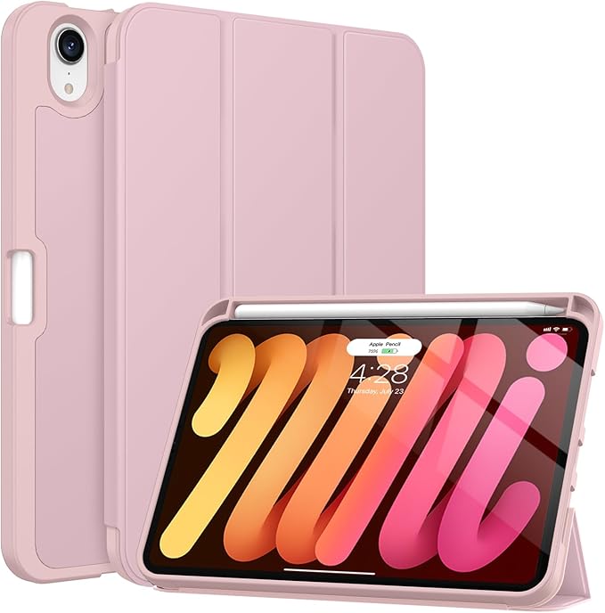 Soke Case for iPad mini 7(A17 Pro) 2024/iPad Mini 6 2021 8.3 inch with Pencil Holder-[Pencil Charging + Auto Wake/Sleep], Soft TPU Back Cover for iPad mini 7th/6th Generation(Pink)