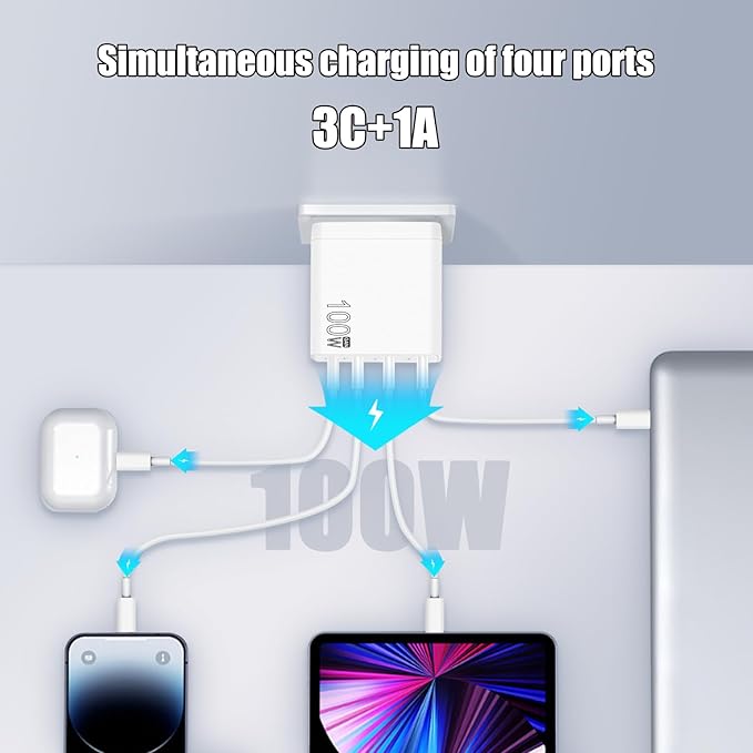 100W USB C Charger, 4-Port PD USB Power Adapter, GaN USB C Charger,Fast Charging Station,Compatible with Mac Book Pro/Air, iPad, iPhone 14 Pro, Galaxy S23 Ultra, Steam Deck, Dell XPS, Google Pixelbook