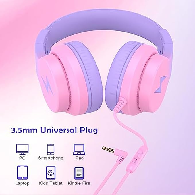 Candy Bila Kids Headphones, Wired Headphones for Kids Over Ear with Microphone, 85/94dB Volume Limiter Headphone for Girls Boys, Foldable Headphone for Learning & Entertainment, Gradient Red
