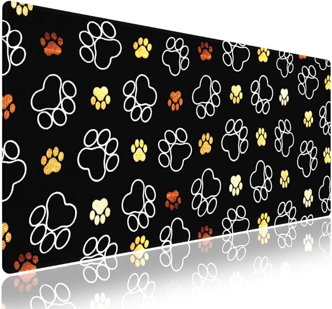 Extra Large Gaming & Office Mouse Pad (31.5" x 11.8") – Abstract Cute Dog Paw Prints Gold and White Design, Premium Anti-Slip XXL Desk Mat with Durable Stitched Edges