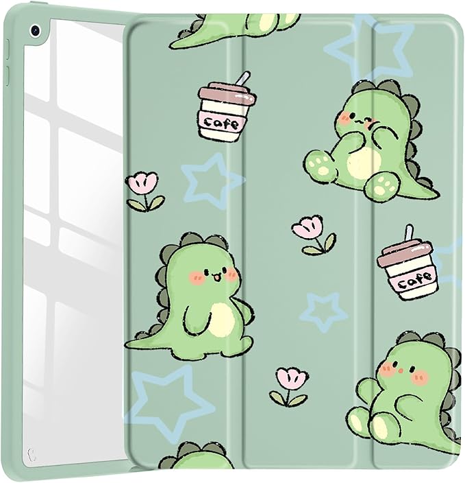 JOYLAND Lovely Dinosaur Pattern Case for 9.7" iPad 5th/6th Generation（2017/2018）,Clear Acrylic Hard Back Case with Pencil Holder Trifold Stand Tablet Cover (Model Number:A1822 A1823 A1893 A1954)