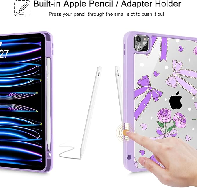 Tuiklol for iPad Pro 11 Inch 4th / 3rd / 2nd / 1st Gen (2022 2021 2020 2018) Case -Built-in Pencil Holder Shockproof Cover Clear Transparent Back Shell with Auto Wake/Sleep, Bow & Rose Purple