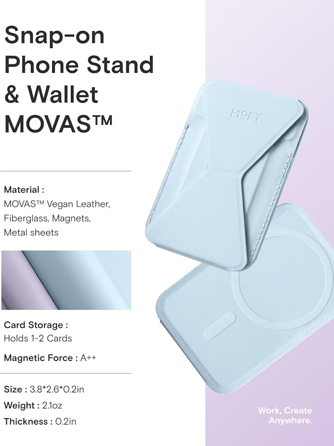 MOFT Magnetic Wallet Stand Compatible with iPhone 16/15/14/13/12 Series, Angle Adjustment & Magsafe Compatible MOVAS Phone Stand, Soothing Mist