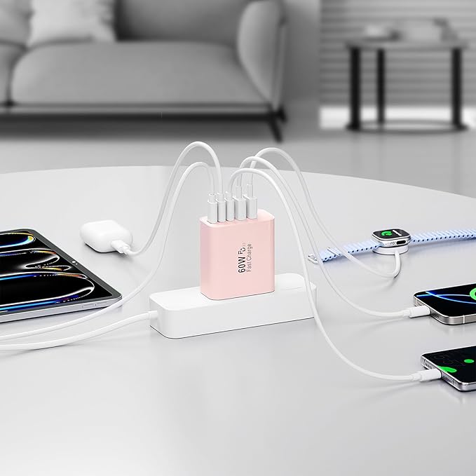 USB C Charger Block, 60W 5-Port Type C Charger Fast Charging Block, USBC USB Multiple Port Wall Charger Plug Adapter for iPhone 17/Air/16/15/14/13/12/11 Pro Max, Samsung Galaxy, iPad, Tablet (Pink)