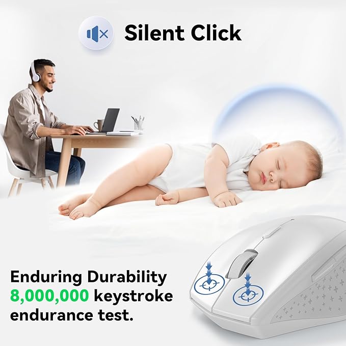 TECKNET Wireless Mouse, 2.4G Computer Mouse with 6-Level Adjustable 4800 DPI, 30 Months Battery, Ergonomic Grips, 6 Buttons Portable for PC, Chromebook, Mac - White