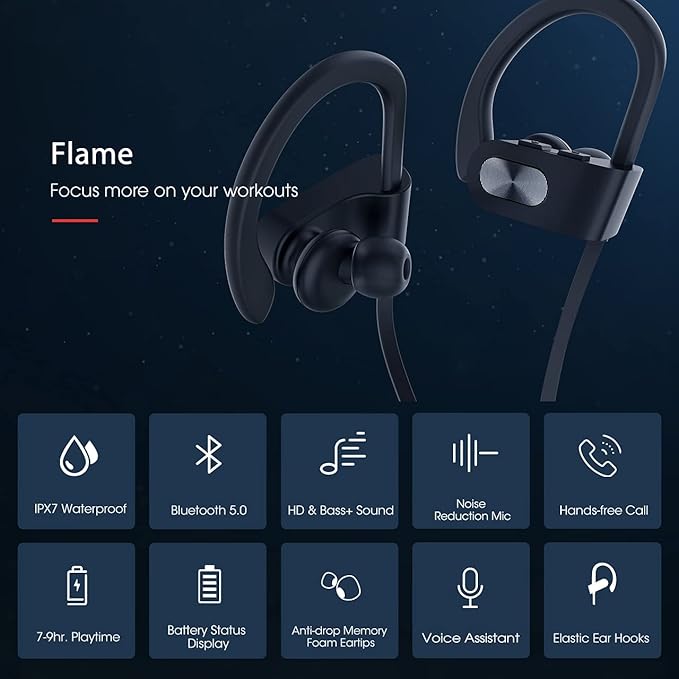 Redzoo Bluetooth Headphones V5.0,Running Headphones w/16 Hrs Playtime, Bass+ HD Stereo Wireless Sports Earphones w/IPX7 Waterproof Earbuds in Ear for Workout, Gym w/CVC6.0 Noise Cancelling Mic Black