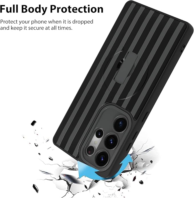 KANGHAR Compatible with Samsung Galaxy S25 Ultra Case, Support for MagSafe, Silicone Stripes Cute Pattern, Wristband Kickstand Camera Protection Soft Slim Cover for Girls Women -Black
