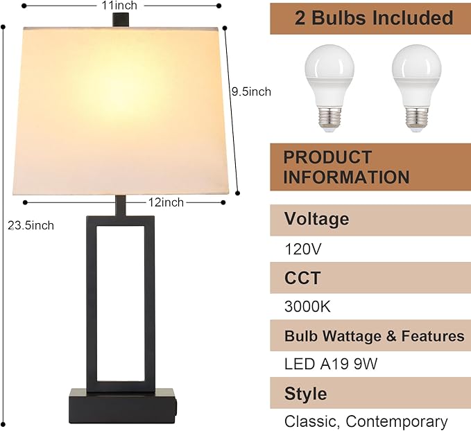 Touch Control Table Lamps with 2 USB Charging Ports & AC Outlets, 23" Tall Modern Nightstand Bedside Lamp for Bedroom, 3-Way Dimmable Metal Table Lamp with Fabric White Shade for Living Room End Table