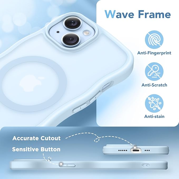 CAPRARO Cute for iPhone 13 Case & iPhone 14 Case, Compatible with MagSafe, [Curly Wave Edge] [Camera Protection] [14 FT Drop Protection] Magnetic for iPhone 13/14 6.1 Inch, Light Blue
