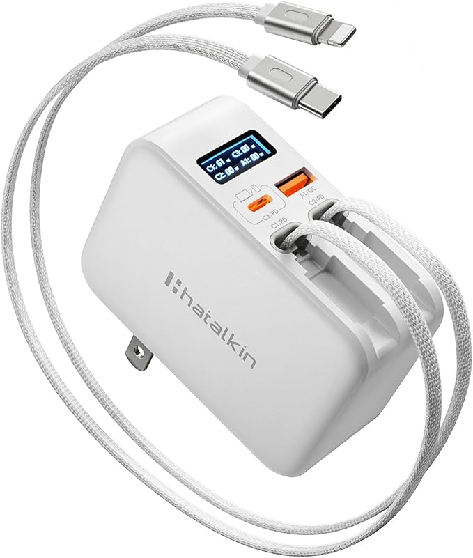 Retractable Wall Charger, 67W Fast Charging with Digital Display, Dual Built-in Retractable Cables (3.3ft), 4-in-1 Travel Plug for iPhone 17/16, MacBook, Galaxy S26