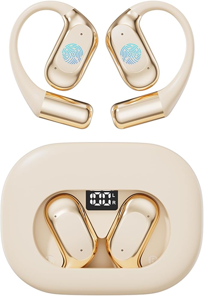 Open Ear Earbuds, Bluetooth Headphones 5.4 Sports with Smart Digital Display, 40H Playtime, Clear Calls,IPx4 Waterproof, Wireless Over Ear Buds Lightweight Design Fit Cycling, Running, Workout(beige)