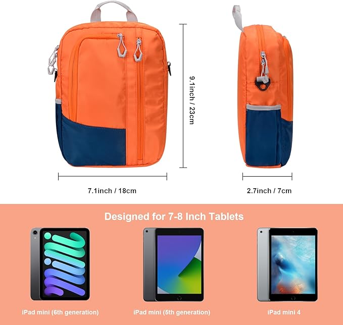 7-8 Inch Tablet Sleeve Bag, Orange | Shoulder Strap, iPad Mini 7/6, Samsung Tab A7 Lite, Fire HD 8, Phone & Wallet
