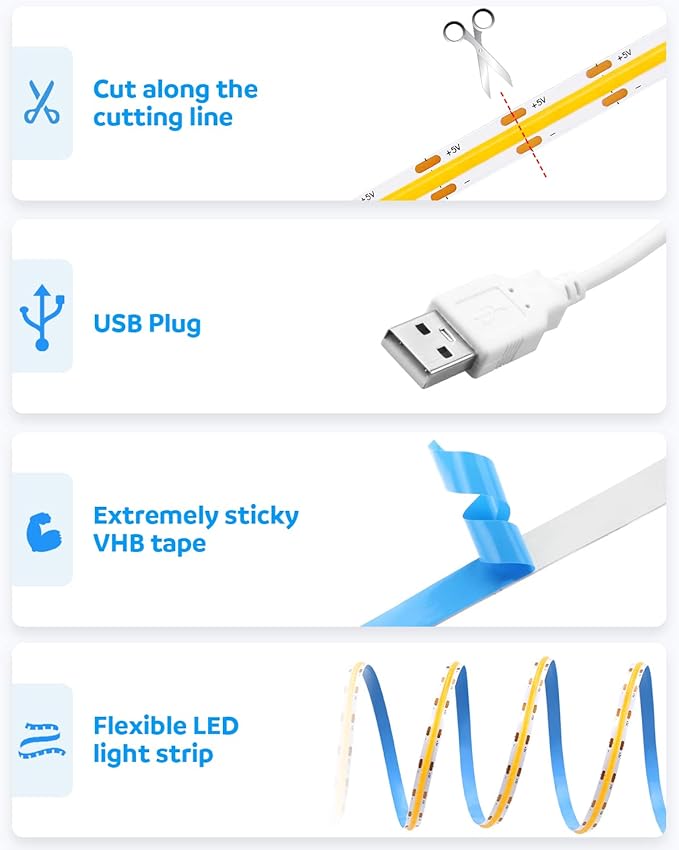 Aclorol COB LED Strip Lights for TV 5V USB Powered Warm White 6.56FT 320Leds/M COB Flexible Light Strip TV Led Backlight for Bedroom Under Cabinet Kitchen DIY Lighting Project 3000K CRI85+ 2M