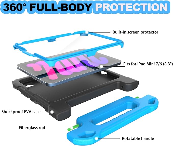YIHE Kids Case for 8.3 inch iPad mini 7 (A17 Pro) 2024 & iPad mini 6 (A15) 2021, Shockproof Cases for iPad mini 7th/6th Generation with Built-in Screen Protector & Handle Stand, Black&Blue