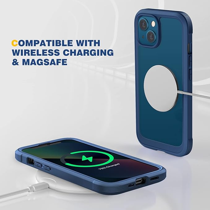 Diaclara Designed for iPhone 13 Case, Full Body Rugged with Built-in Touch Sensitive Anti-Scratch Screen Protector, Soft TPU Bumper Case for iPhone 13 6.1" (Dark Blue and Clear)