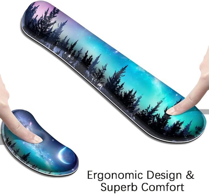 MIBITRI Keyboard Mouse Pad Set, Extended Gaming Mouse Pad+Ergonomics Keyboard Wrist Rest Support, Memory Foam, Easy Typing Pain Relief, 3Pcs XXL Ultra Thick Desk Mat, Moon Forest
