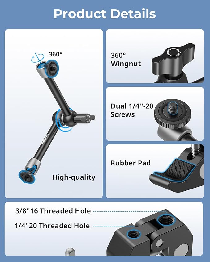 SmallRig Clamp w/ 1/4" and 3/8" Thread Holes, 9.8 Inches Adjustable Friction Power Articulating Magic Arm with Phone Holder for Action Cameras, Smartphones, LCD Monitor/LED Lights - 5326