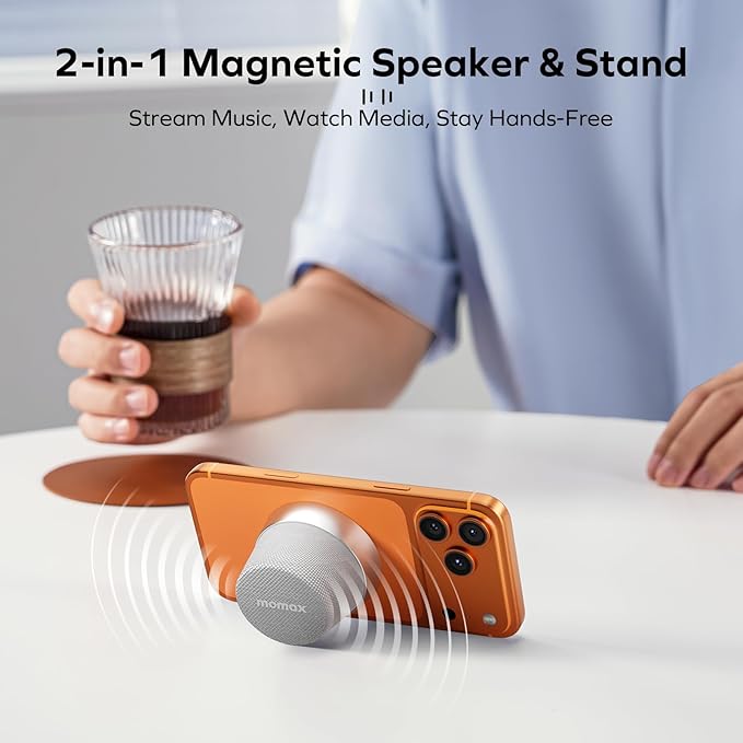 MOMAX Magnetic Portable Bluetooth Speaker, IPX6 Waterproof Mini Shower Speaker, Enhanced Bass, 12H Playtime, TWS Stereo, USB-C Outdoor Speaker, Travel & Gift Ideas, Silver