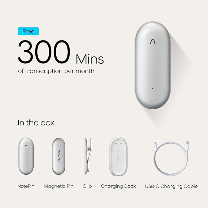 Plaud NotePin Voice Recorder, AI Voice Recorder, AI Note Taker, AI Transcribe & Summarize, Support 112 Languages, for Meetings, Lectures, Professionals, Teams, Lunar Silver, Non-S Version