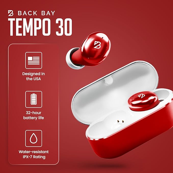 Back Bay Audio Tempo 30 Wireless Earbuds for Small Ears - Award-Winning Sound, Sweatproof Bluetooth Earbuds, Tech Fitness Gifts for Men, Comfortable Bluetooth Ear Buds for Women - Red