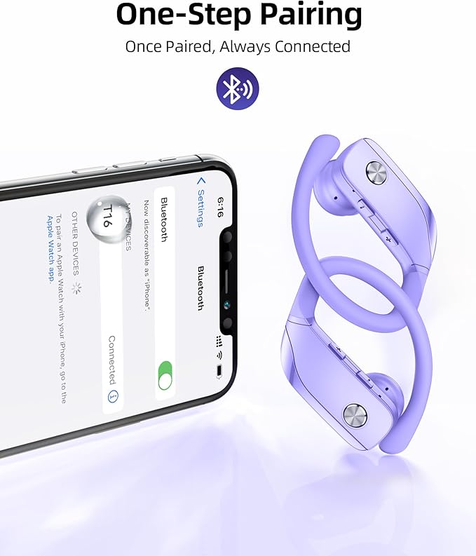 bmanl Wireless Earbuds Bluetooth Headphones Over Ear Hooks Ear Buds with 80H Playtime, LED Power Display, Dual Mic Clear Calls, Sports Wireless Ear Buds Bluetooth Earbud for Running Gym Workout Purple