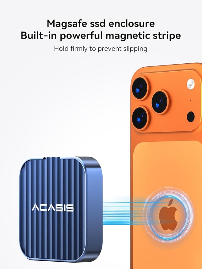 ACASIS 10Gbps Magnetic M.2 NVMe SSD Enclosure with 4K ProRes Recording M.2 EnclosureCompatible iPhone 17/16/15 Pro/Pro Max Magnetic SSD Enclosure with Aluminum for Video Editor/Blogger/Videographer