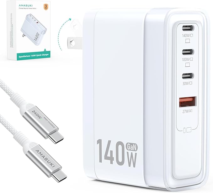 SparkleCore 140W USB C Charger,4-Port 100W Fast Charging Block PD3.1 GaN Cruise Essentials 2026 Travel for Apple MacBook,Laptop,iPhone 17/16 Series,iPad Pro,Samsung,Anker Laptop Power Bank,6.6ft Cable