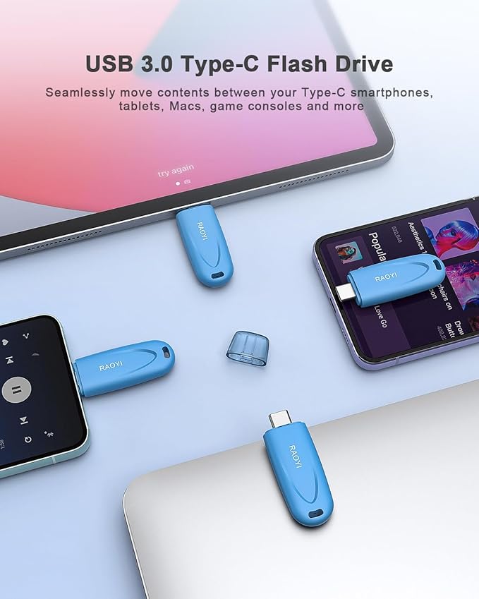 RAOYI 128GB Type-C Flash Drive USB 3.0 USB C Flash Drive Type C Thumb Drive Portable Memory Stick with Keyring Hole High-Speed Pen Drive for Laptop Smartphone Tablet Mac USB-C Devices, Blue