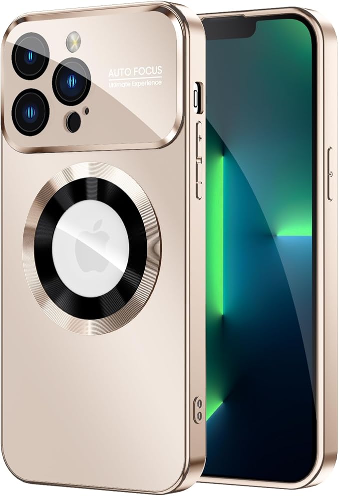 MAKAVO Magnetic for iPhone 13 Pro Max Case, Compatible with MagSafe, Built-in Camera Lens Protector, Logo View, Military Grade Drop Proof Phone Case Cover, Desert Titanium