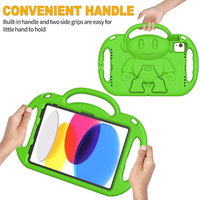 Kids Case for iPad 11th Generation (A16) 11" 2025 & 10th Gen 10.9" 2022 & iPad Air 11" 2025/2024 & Air 5th/4th Gen & Pro 11, Durable Protective Cover with Shoulder Strap Handle Stand, Green