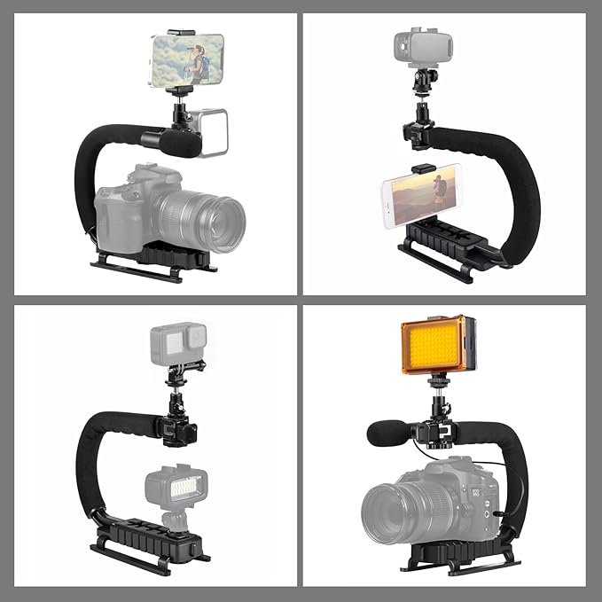 PULUZ U/C Shape Portable Handheld Bracket Stabilizer Kits Handle Grip + LED Studio Light + Video Microphone Kit with Cold Shoe Tripod Head for All SLR Cameras and Home DV Camera Smartphones