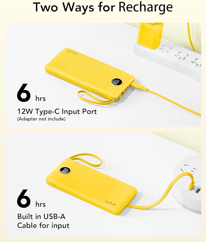 VRURC Portable Charger with Built-in Cables, USB C Portable Phone Charger 10000mAh, Lightweight Power Bank with 5 Output 2 Input Compatible with iPhone 17 16 15 13,Samsung,Android etc-Yellow(1 Pack)