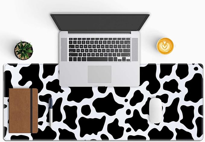 Cute Cow Pattern Desk Pad - Large XL 31.5''X 11.8'' Gaming Mousepad - White & Black - On Top of Desks - Laptop Computer Keyboard Mouse Mat