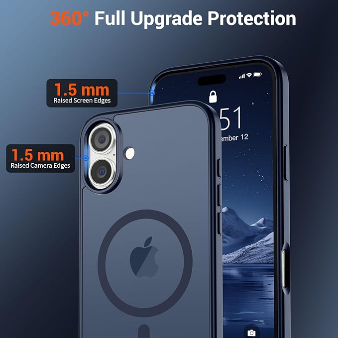 SUPFINE Magnetic for iPhone 16 Case (Compatible with MagSafe) (Military Grade Drop Protection) Translucent Matte Shockproof Phone Cover,Dark Blue