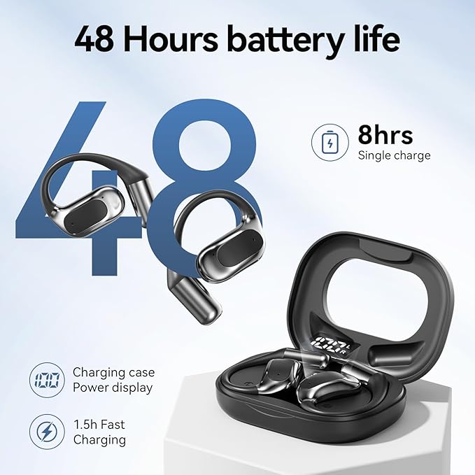 Open Ear Headphones Bluetooth Wireless Over Ear Earbuds with Ergonomic Earhook Ear Buds, Led Power Display,48h Playtime，Ipx6 Waterproof Comfortable for Workout，Cycling，Running (Black)