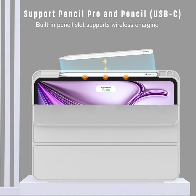 ZryXal New iPad Air 13 Inch Case M3 2025/M2 2024 with Pencil Holder, Trifold Stand Smart Case with Soft TPU Back,Auto Wake/Sleep(Light Gray)