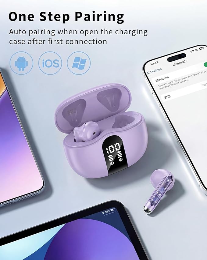 Wireless Earbuds, 2026 Bluetooth 5.4 Headphones Bass Stereo Ear Buds with Noise Cancelling Mic, LED Display in Ear Earphones 50H Playtime Ear Buds, IP7 Waterproof for Laptop Pad Phones Purple