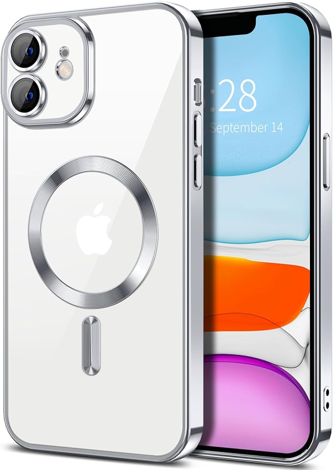 Hython Magnetic Clear for iPhone 11 Case with Camera Lens Protector [Compatible with MagSafe] Luxury Plating Edge Slim Soft TPU Cover Protective Phone Case for iPhone 11 6.1", Silver