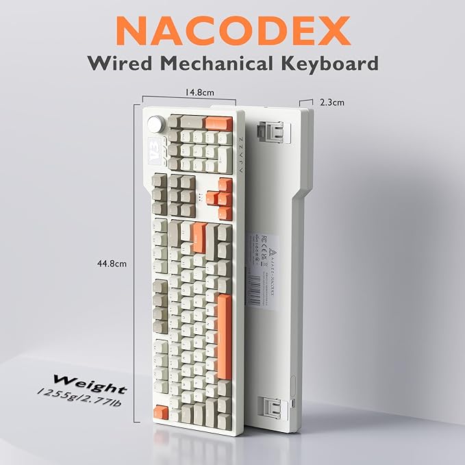 NACODEX AK35I V3 104-Key Full Size Wired Gasket Mount Gaming Keyboard with Multimedia Buttons & Knob Control | Five Layer Pad | OEM Profile PBT Keycaps | White Backlit Custom Keyboard