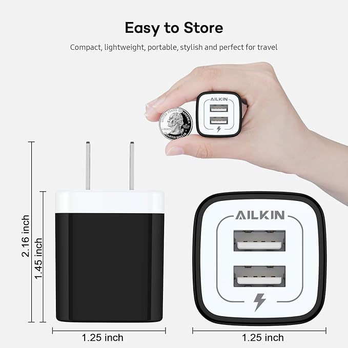 USB Wall Charger, Charger Block, AILKIN 2.1A Multiport Fast Charge Power Brick Cube for iPad, iPhone, Samsung Galaxy, Google Pixel, Motorola, Huawei, HTC, LG-2 Pcs, USB Box Charging Plug AC Adapter