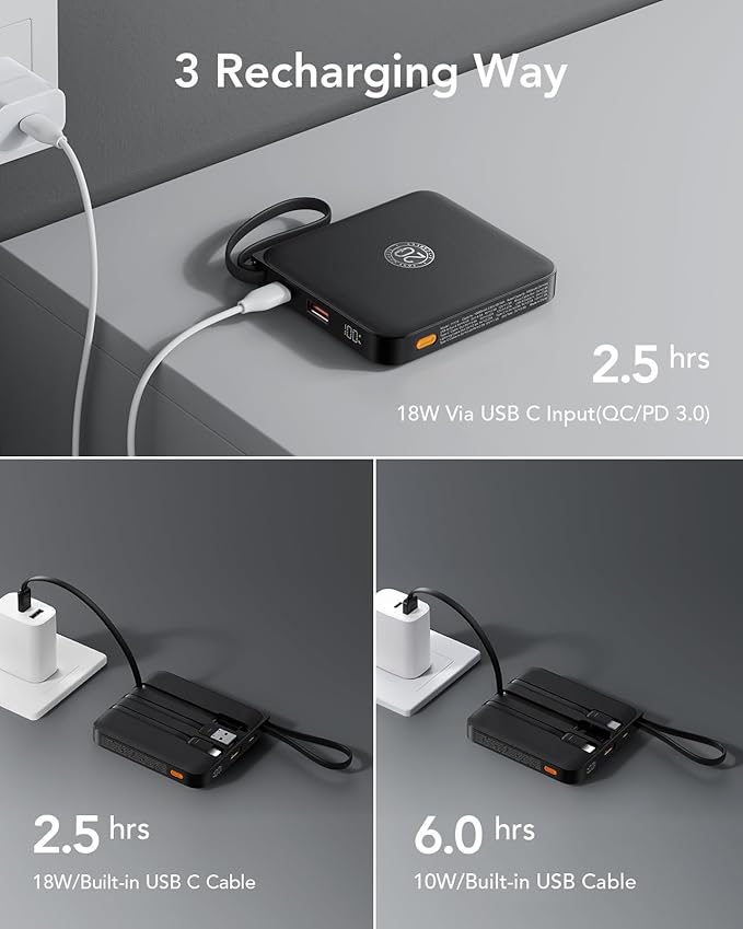 VRURC Portable Charger with Built-in Cable, 10000mAh 22.5W Fast Charging USB C Battery Pack, Cell Phone Power Bank for iPhone 17 16 15 Series Android Tablet (Black)