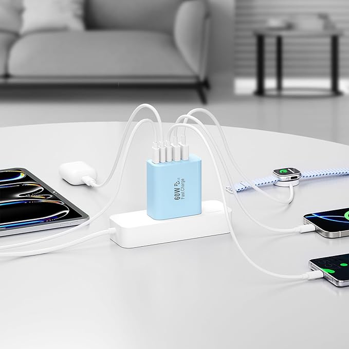 USB C Charger Block, 60W 5-Port Type C Charger Fast Charging Block, USBC USB Multiple Port Wall Charger Plug Adapter for iPhone 17/Air/16/15/14/13/12/11 Pro Max, Samsung Galaxy, iPad, Tablet (Blue)