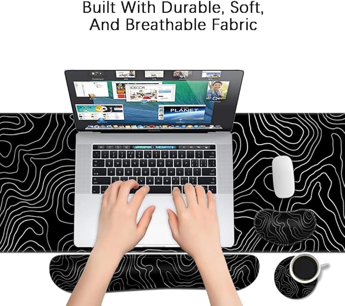 Desk Mat, Large Gaming Mouse Pad with Wrist Rest, 4 in1 XXL Mouse pad+Keyboard Wrist Rest+Mouse Pad Wrist Support+Cup Coaster Set, Ergonomic Desk Pad for Home Office, Topographic Line