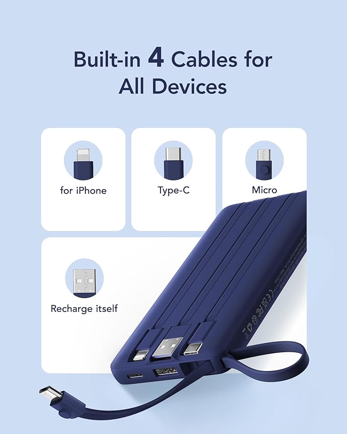 VRURC Portable Charger for iPhone, USB C Power Bank 10000mAh, Slim Travel Battery Pack Built in Cables & Lanyard, 5 Output 2 Input Portable Phone Charger for iPhone 17 16 15 14 13, Samsung-Navy