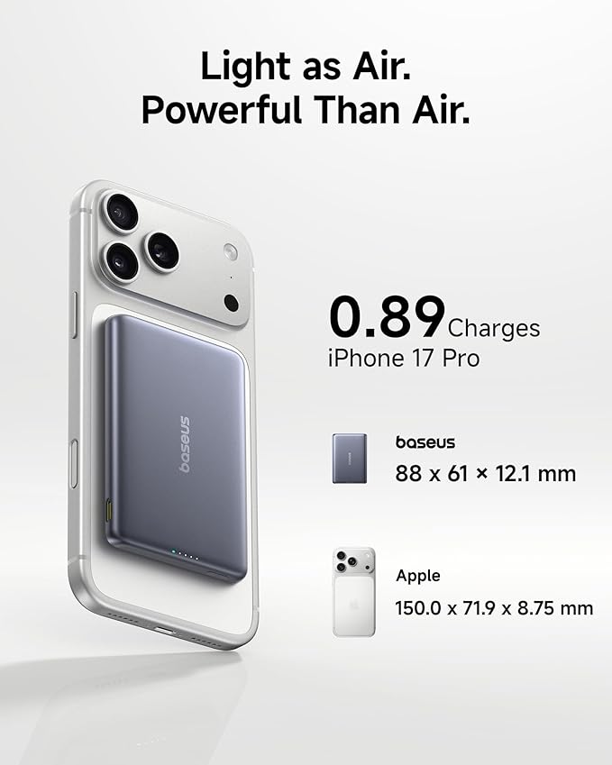 Baseus Picogo Power Bank, Smallest 5,000mAh Magnetic Wireless Charger with USB-C Braided Cable, Fast Charging Portable Battery Pack, NTC Safety Alloy Travel Essential for iPhone 7 Pro Max/17 Air/17e