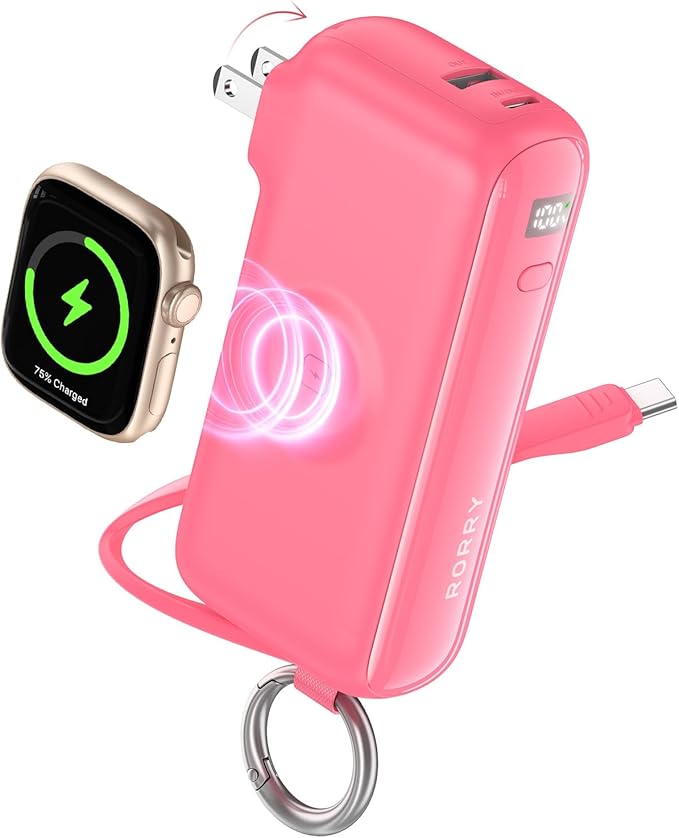RORRY Flow Portable Charger, 10000mAh 40W Fast Charging Power Bank with Built-in USB C Cable and Foldable Wall Plug, Battery Pack Travel Essentials for iPhone 17/16/15, Apple Watch, iPad, MacBook